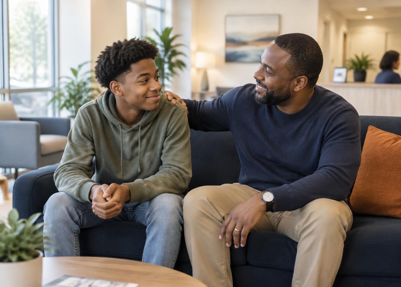 A father and his teenage son sitting together and smiling in a bright waiting room