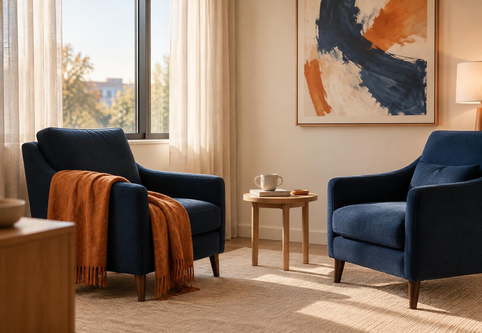 A calm, sunlit consultation room with navy armchairs and a warm orange throw
